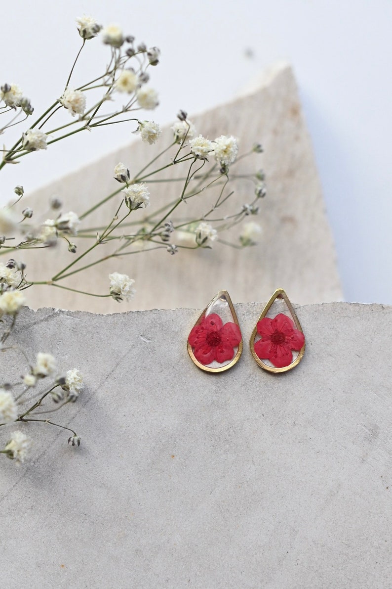 Teardrop Red Blossom Drop Dangle Earrings, Real Flower Earrings, Red Romantic Earrings, Floral Jewelry, Resin Jewelry, Gift For Her, Cherry image 1