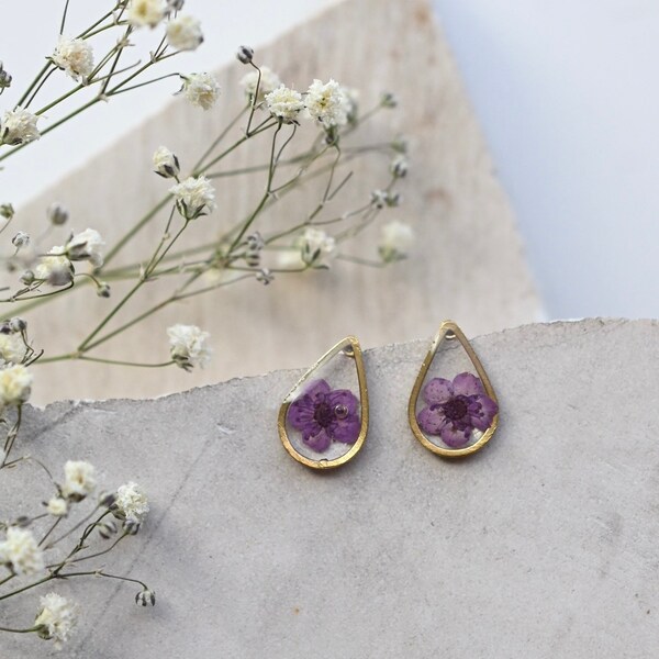 Blossom Flower Studs, Teardrop Studs, Purple Earrings, Pressed Flower Earrings, Nature Earrings, Unique Gift, Handmade Jewelry, Dangle Studs