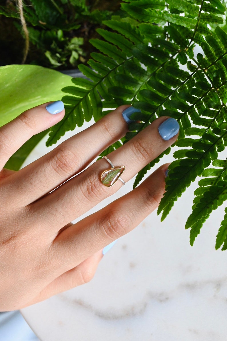 Sebas Dainty Fern Ring, Silver Plant Resin Ring, Green Fern Ring, Leaf Ring, Botanical Jewelry, Silver Statement Ring, Dried Fern Jewelry 画像 3
