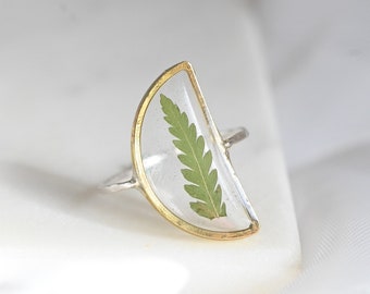 Moon Resin Ring, Dried Fern Ring, Silver Band Ring, Pressed Fern Jewelry, Plant Jewelry, Minimalist Ring, Real Fern Ring, Bespoke Jewelry