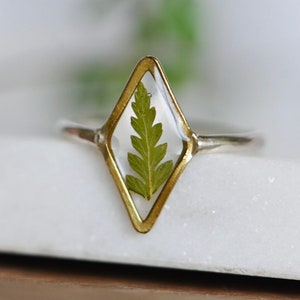 K&ouml;nnte beinhalten: Ein goldener Ring mit einer klaren, rautenf&ouml;rmigen Fassung, in der ein gepresstes gr&uuml;nes Blatt zu sehen ist.