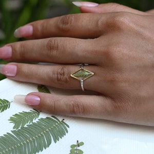 K&ouml;nnte beinhalten: Ein silberner Ring mit einer goldenen, rautenf&ouml;rmigen Fassung, in der ein gepresstes gr&uuml;nes Blatt eingefasst ist. Der Ring befindet sich an einer Hand mit manik&uuml;rten N&auml;geln.