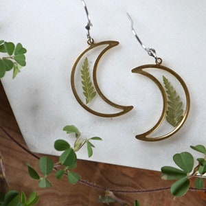 Dried fern moon shaped earrings with real pressed fern inspired by nature
