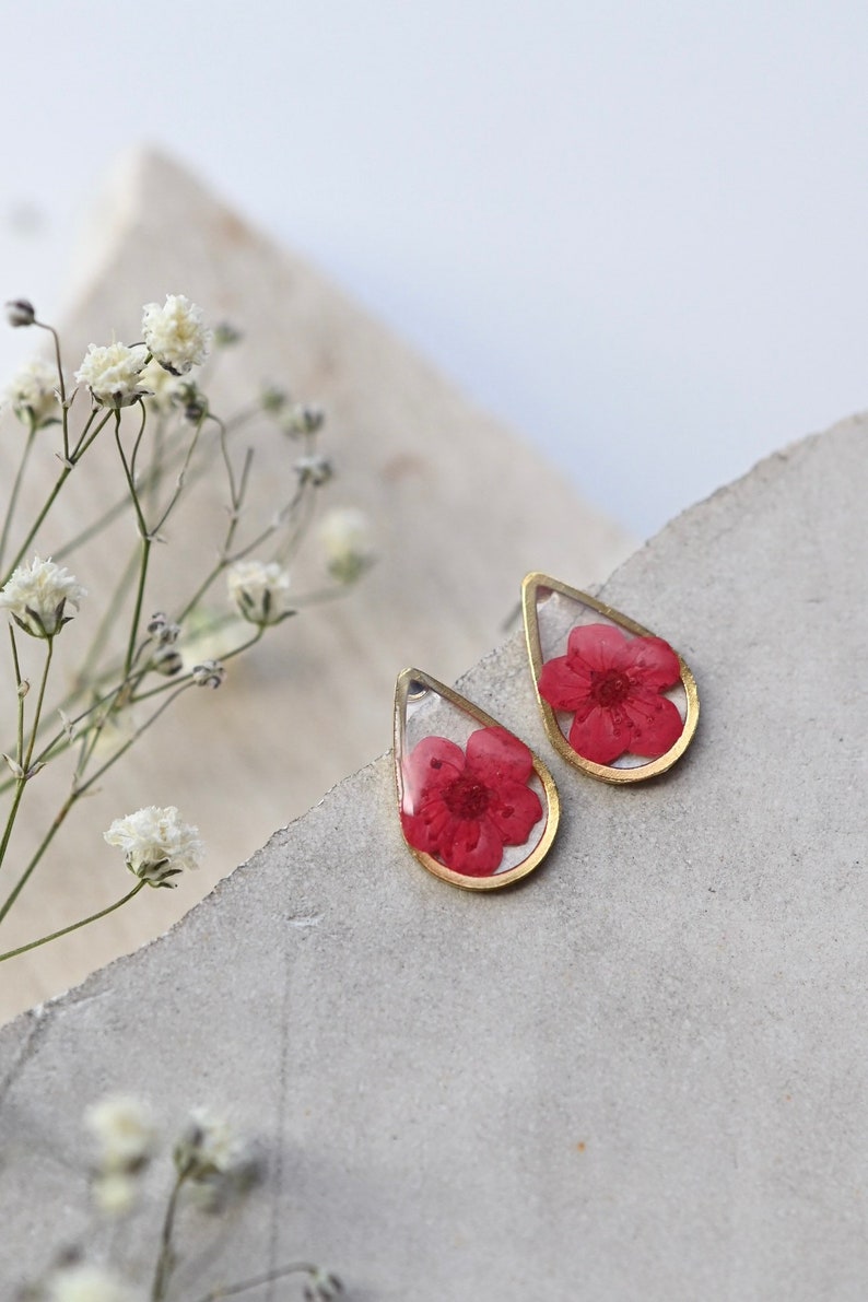 Teardrop Red Blossom Drop Dangle Earrings, Real Flower Earrings, Red Romantic Earrings, Floral Jewelry, Resin Jewelry, Gift For Her, Cherry image 2