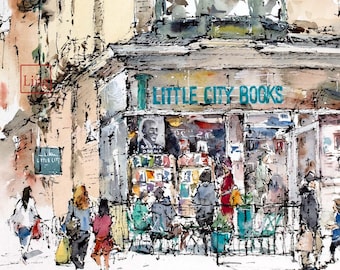 May include: A watercolor painting of a bookstore called "Little City Books" with people walking by. The storefront has a green awning and a large window display. The building is painted in shades of yellow and brown.