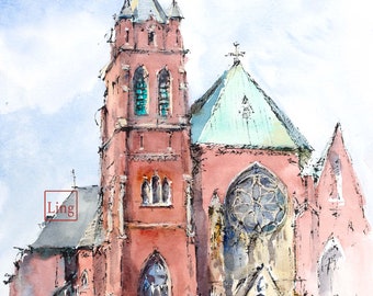 May include: Watercolor painting of a red brick church with a tall steeple and a green roof. The church has a large stained glass window and a smaller window with a cross on top. There are people walking in front of the church.