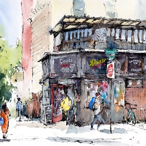 May include: A watercolor painting of a street scene with a bar called "Coors Lucky 997" and "Shine's Beer" signs. The bar has a red door and a sign that says "Second St." above it. There are people walking on the sidewalk in front of the bar.