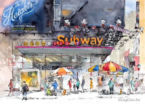 New York City Street Home Decor Time Square Subway NYC 42nd Street Watercolor Painting Print New York City Street Home Decor Time Square Subway NYC 42nd Street Watercolor Painting Print