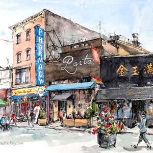 May include: Watercolor painting of a city street scene with a pharmacy, a restaurant called "Porta", and a Thai restaurant called "金玉海鲜". The buildings are painted in shades of brown, orange, and blue. There are people walking on the sidewalk and a flower pot with red flowers in front of the restaurant.