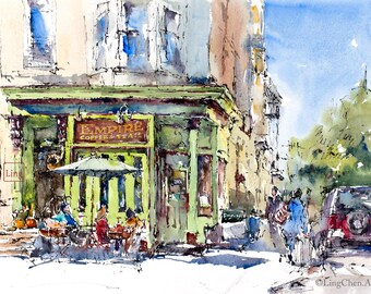 May include: A watercolor painting of a street scene with a cafe called "Empire Coffee & Tea". The cafe has a green awning and a sign with the cafe's name in gold lettering. There are people sitting outside the cafe at tables under an umbrella. There is a car parked on the street.