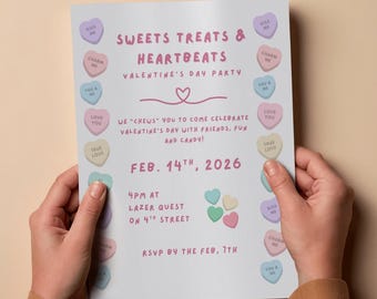 Invitación digital editable para San Valentín, con temática de corazones de caramelo, para el aula.