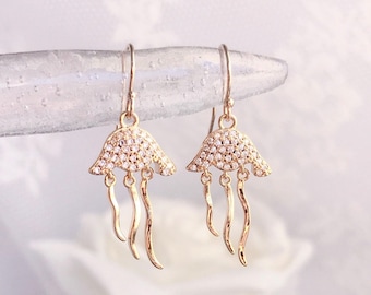 Jellyfish Earrings - 14K Gold Filled Jellyfish with Cubic Zirconia, Tiny Charm Gold Earring, Elegant Gold Jewellery, Marine Jewellery