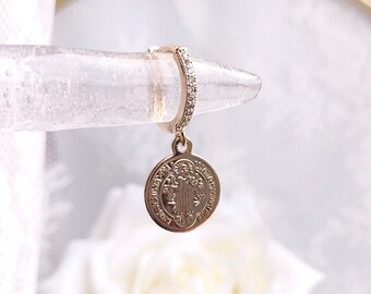 Tiny Thin Roman Protection Coin CZ 18K Gold-Filled Hoop Earrings. Gold Medallion Jewellery, Dainty Minimalistic Hoop