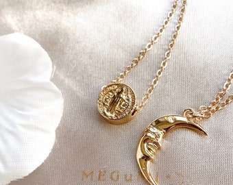 Reversible Protection Coin Necklace. 14K Gold-Filled Rotating Medallion. Amulet Pendant, Dainty Layering Necklace Set.