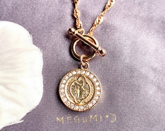 Virgin Mary Coin Necklace: 14K Gold Filled Toggle Pendant