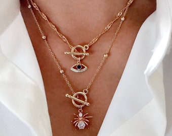 Gold Filled Evil Eye Toggle Necklace: Sapphire CZ Amulet Pendant Layered Set Option