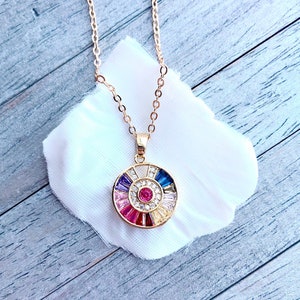 Colourful Rainbow Disk Necklace. 18K Gold-Filled CZ Charm, Multi Coulor Round Pendant. Dainty, Minimalist. Layering Necklace Set.