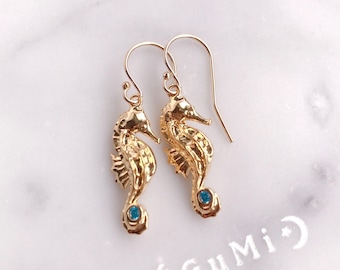 Seahorse Earrings - 14K Gold Filled Seahorse with Cubic Zirconia, Tiny Charm Gold Earring, Elegant Gold Jewellery, Marine Jewellery