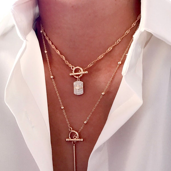 North Star Tag Toggle Necklace. 14K Gold Filled Toggle Clasp Pendant. Cubic zirconia Charm. Sparkly Paved Pendant, Layered Necklace Set