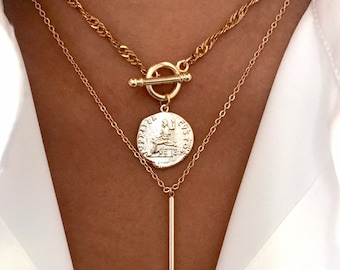 Ancient Greek Coin Toggle Necklace. 14K Gold Filled Toggle Clasp Pendant. Gold Medallion Charm. Aphrodite Pendant, Layered Necklace Set