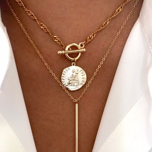Ancient Greek Coin Toggle Necklace. 14K Gold Filled Toggle Clasp Pendant. Gold Medallion Charm. Aphrodite Pendant, Layered Necklace Set