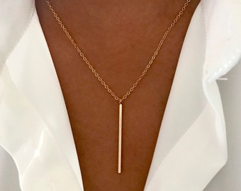 Vertical Gold Bar Necklace. 14K Gold-Filled High Polished Round Bar Stick Necklace. Dainty, Minimalist, Elegant. Layering Necklace.