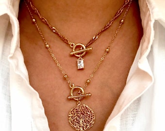 Star Charm Toggle Necklace 14K Gold Filled Toggle Clasp Pendant Layering Necklace Set Gold Medallion Jewellery Sattelite Chain