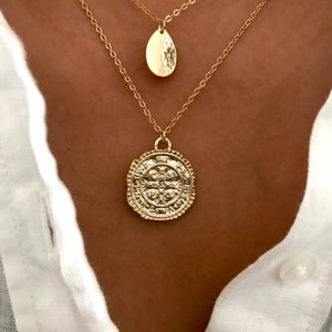 Ancient Cross Coin Necklace. 18K Gold-Filled Rustic Greek Medallion Pendant. Minimalist Layering Necklace Set Stacking jewelry