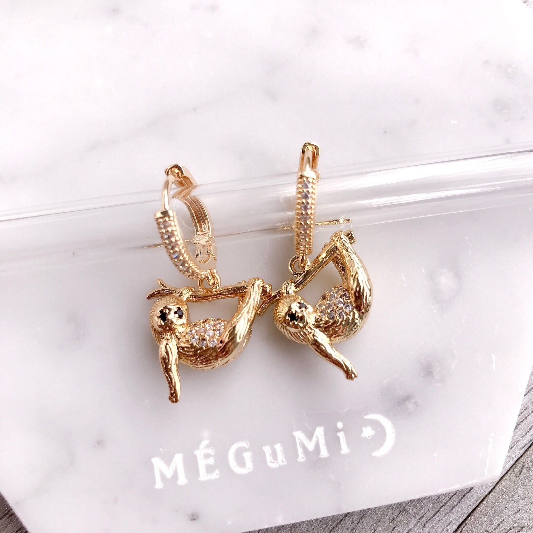 Sloth Back Earser Hanging Sloth Earring. Cute 3D Sloth 18K Gold-filled Cubic Zirconia ...