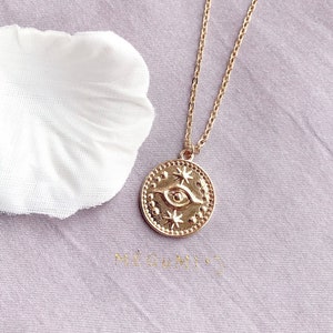 Evil Eye Coin Charm 14K Gold-Filled Necklace, Dainty Medallion Pendant, Minimalist, Elegant. Layering Necklace. Stacking jewelry