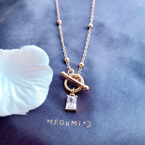 Rectangular CZ Stone Toggle Necklace. 14K Gold Filled Toggle Clasp Pendant. Small Crystal Charm. Square Cz Diamond, Layered Necklace Set