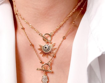 Sunburst with Blue and Clear CZ Micro Pave 18K Gold-Filled Toggle Clasp Pendant. Sparkly Sun Charm. Sun Pendant, Layered Necklace Set