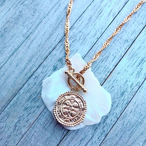 Ancient Cross Coin Toggle Necklace. 18K Gold Filled Toggle Clasp Pendant. Rustic Gold Medallion Charm. Chipped Coin, Layered Necklace Set