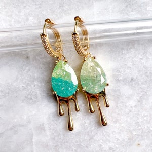 Mermaid Green Teardrop Stone Gold Dripping Earrings,  melting 18K Gold-Filled Hoop. Water Drip Charm Earrings, Dainty Hoop Earrings