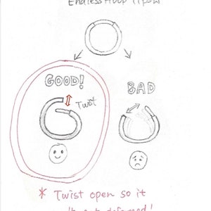 May include: Hand-drawn illustration showing the correct way to twist open an endless hoop earring to avoid deformation. The illustration shows a happy face next to a correctly twisted hoop and a sad face next to a deformed hoop. The text reads "Endless Hoop Tips" and "Twist open so it won't get deformed!"
