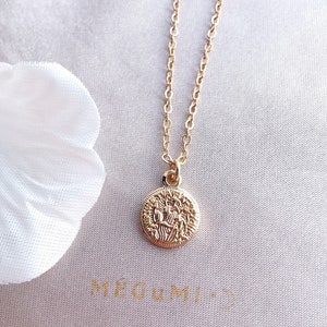 Tiny Reversible Protection Coin Necklace. 18K Gold-Filled Latin Medallion. Amulet Pendant, Dainty Layering Necklace Set. Latin Quote Script