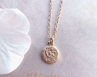 Tiny Reversible Protection Coin Necklace. 18K Gold-Filled Latin Medallion. Amulet Pendant, Dainty Layering Necklace Set. Latin Quote Script