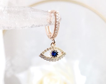 Evil Eye Hoop Earring. CZ Sapphire Evil Eye Micro Pave 18K Gold-Filled. Charm Earrings/Dainty Hoop Earrings/ Minimalistic Hoop/14mm Hoop