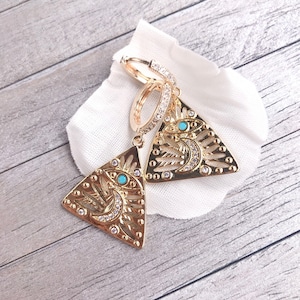 Evil Eye and Moon Triangle Earrings, 18K Gold-Filled Hoop Earrings, Gold Hoop Earrings/ Amulet Earring/14mm Hoop