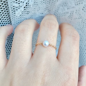 Freshwater Pearl Original Dainty Chain Ring, 14K Gold-Filled Gemstone Ring. Work/Casual
