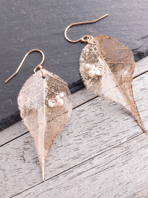 Real Leaf Earrings. Rubber Leaf Skeleton with Freshwater Pearl and Swarovski on 14K Gold Filled Ear Wire. Natural Jewellery