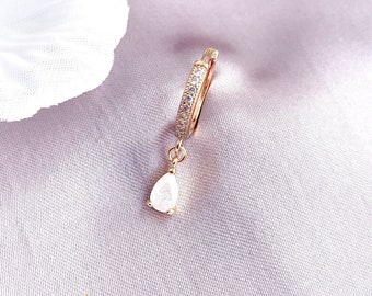 WHITE TEARDROP EARRING Tiny Cubic Zirconia Stone 18K Gold-Filled Hoop. Charm Earrings, Dainty Hoop Earrings, Minimalistic Hoop, 14mm Hoop