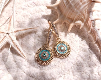 Turquoise Blue Evil Eye Coin Earrings - Amulet Gold Earrings, 18K Gold Filled Hoop Earrings, Spritual Jewelry, Face charm, Charm Earrings