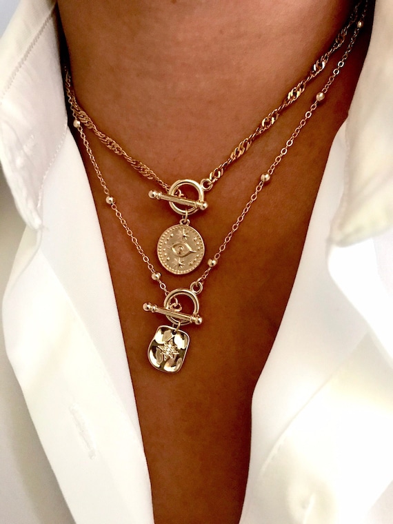 Star Charm Toggle Necklace 14K Gold Filled Toggle Clasp Pendant Layering Necklace Set Gold Medallion Jewellery Sattelite Chain