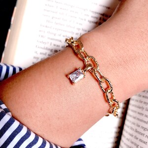 CZ RECTANGULAR STONE Bracelet. Chunky Chain Bracelet. 18K Gold Filled Twisted Paper Clip Chain. Shiny Oval Chain Bracelet. Thick Chain