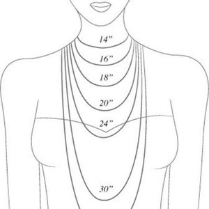 May include: A black and white line drawing of a torso showing various necklace lengths. The text reads NECKLACE LENGTH (IN INCHES) and labels the curves as 14", 16", 18", 20", 24", 30", and 33" to illustrate how different chain sizes fit on the body.