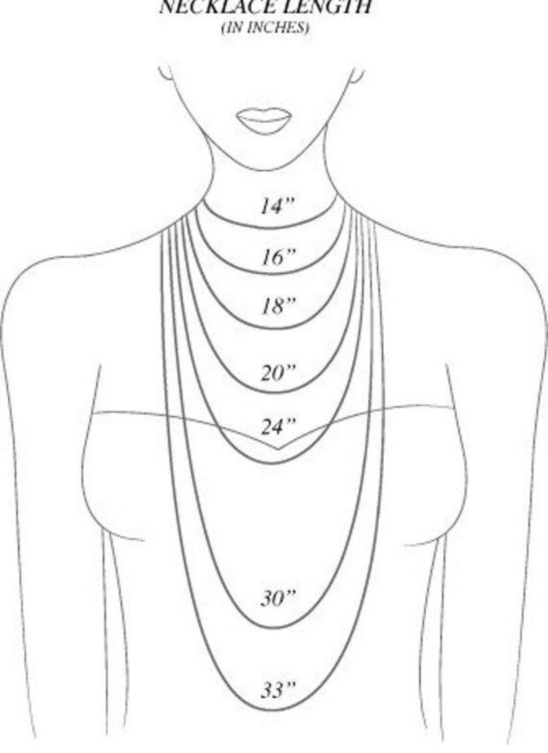 May include: A black and white line drawing of a torso showing various necklace lengths. The text reads NECKLACE LENGTH (IN INCHES) and labels the curves as 14", 16", 18", 20", 24", 30", and 33" to illustrate how different chain sizes fit on the body.