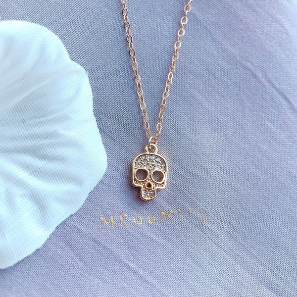 Tiny Skull Necklaces. 18K Gold-Filled with CZ Micro Pave Charm. Dainty Minimalistic Jewellery, Sparkly Skull Pendant, Layering Necklace