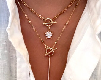 Gold Filled Star Toggle Necklace: CZ Crystal Pendant, Layered Set Option