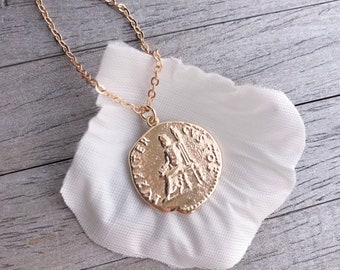 Oude Griekse muntketting. 14K gold-Filled medaillon hanger. Jupiter/Zeus-munt. Luppiter Guardian, kettingset met laagjes, sieraden stapelen